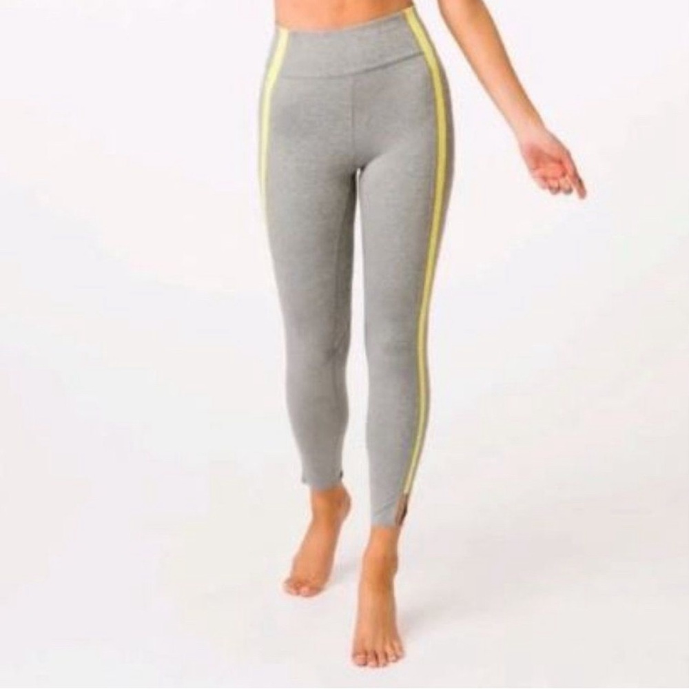 Zyia Active Womens Legging size 6-8 Gray Neon Yellow Stripe High Rise Luxe